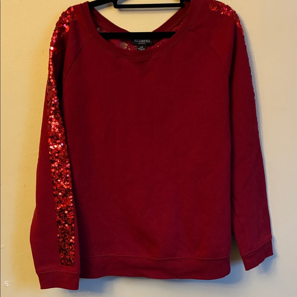 Revamped Red Sequin Sleeve Crew Neck Sweater